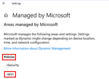 Captura de pantalla de las áreas administradas por Microsoft, donde WiFi aparece en Windows.