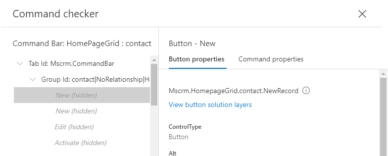 Captura de pantalla que muestra que el botón Nuevo de la página de cuadrícula de la entidad de contacto no está visible y está representado por un elemento con la etiqueta Nuevo (oculto).