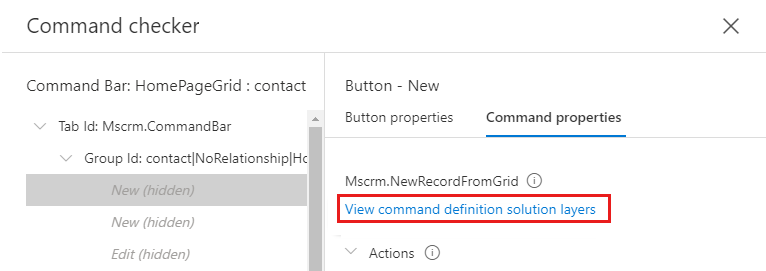 Captura de pantalla del vínculo Ver capas de solución de definición de comandos bajo un nombre de comando.