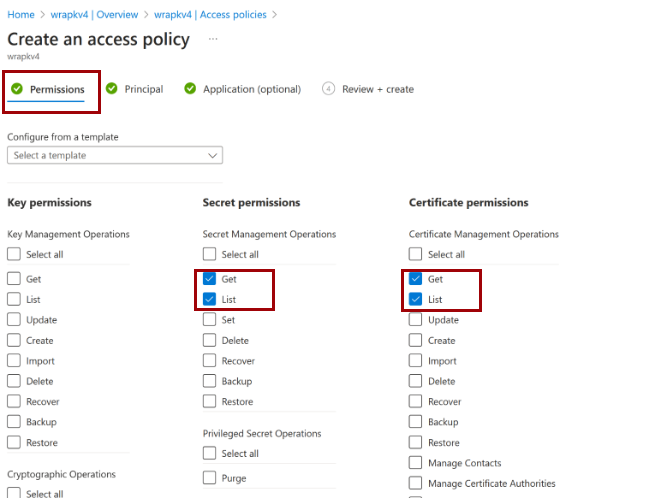 Captura de pantalla que muestra cómo agregar directivas de acceso para el almacén de claves de Azure.