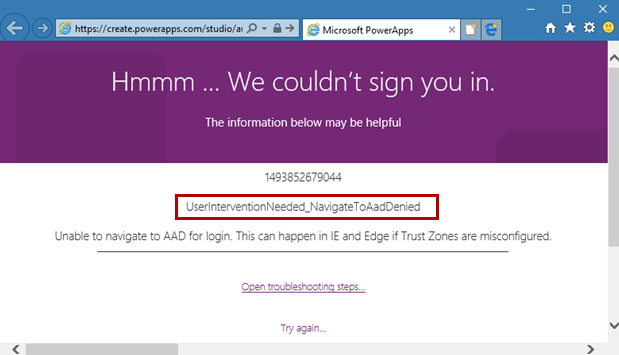 Captura de pantalla que muestra un mensaje de error No se pudo iniciar sesión.