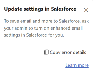 Captura de pantalla que muestra el error de configuración de actualización que se produce cuando la Email mejorada no está habilitada.