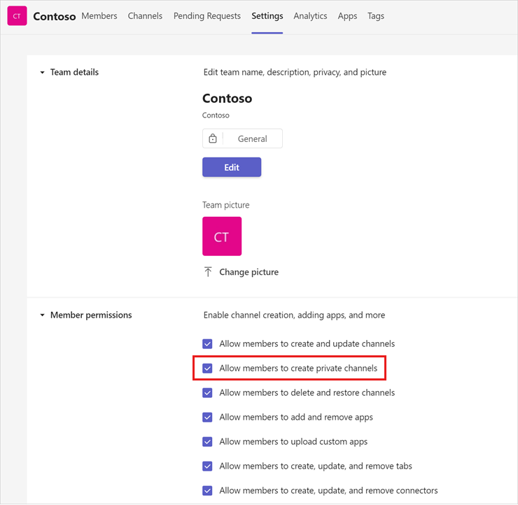 Captura de pantalla que muestra cómo permitir la creación de un canal privado desde Microsoft Teams.