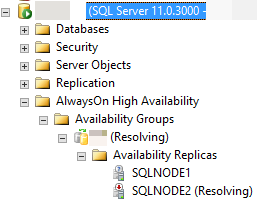 Captura de pantalla de las réplicas de disponibilidad en SQL Server Management Studio.