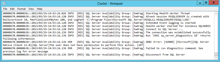 Captura de pantalla del archivo Cluster.log en el Bloc de notas en el caso 2.