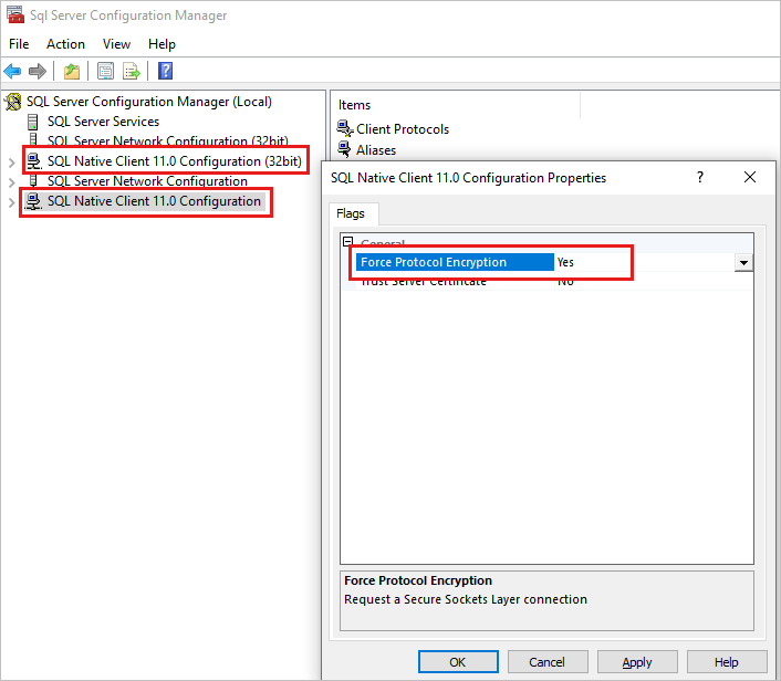Captura de pantalla de las propiedades de configuración de SQL Native Client 11.0 en Administrador de configuración de SQL Server.