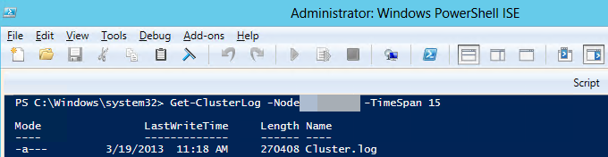 Captura de pantalla del registro del clúster de Windows en Windows PowerShell.
