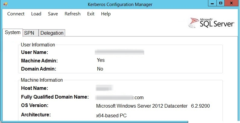 Captura de pantalla de una vista de las tres pestañas de la Configuration Manager Kerberos.