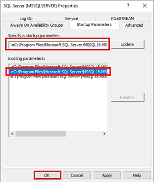 Captura de pantalla de la pestaña Parámetros de inicio del cuadro de diálogo Propiedades de SQL Server (MSSQLSERVER).