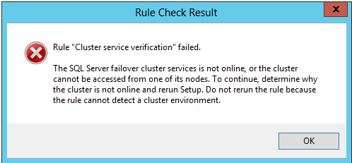 Captura de pantalla de la ventana Resultados de comprobación de reglas, que muestra el error de comprobación del servicio de clúster de reglas.