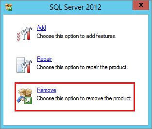 Captura de pantalla de la opción Quitar del cuadro de diálogo SQL Server emergente.