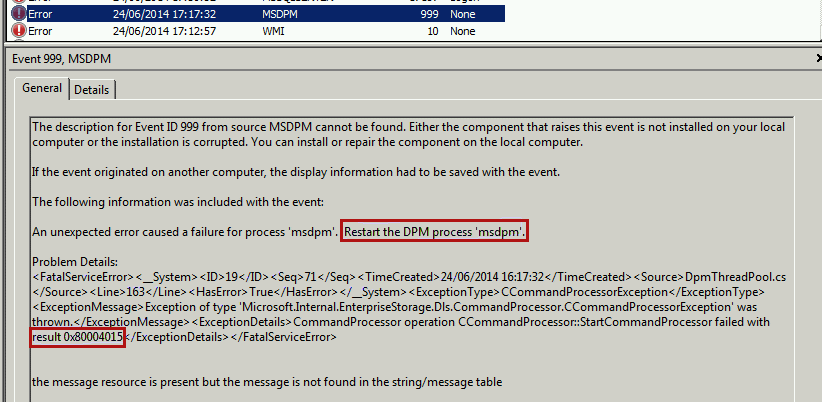 Detalles del identificador de evento 999 que muestra cuándo se produce un error en el proceso de MSDPM.