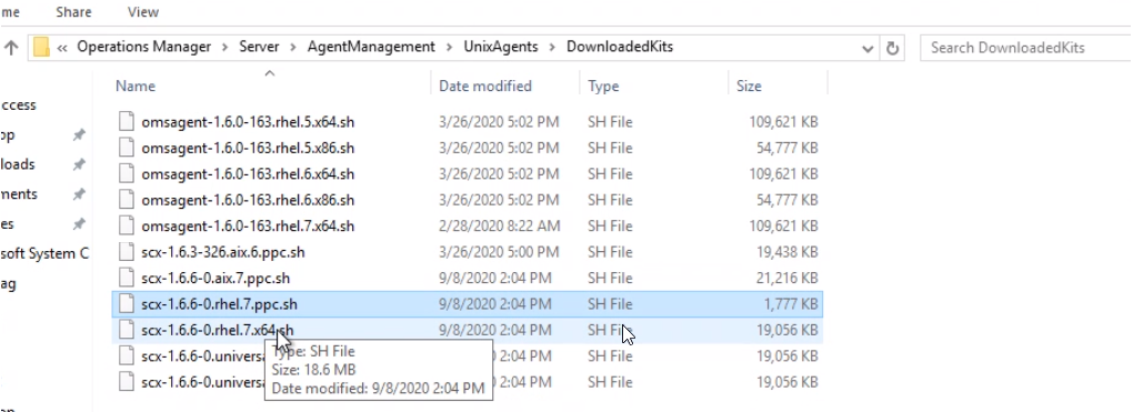 Captura de pantalla que muestra los archivos omsagent en la carpeta DownloadedKits.