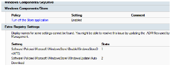 Captura de pantalla que muestra que la opción Desactivar la directiva de aplicación de la Tienda está habilitada y no se pueden encontrar nombres para mostrar para algunas configuraciones en Configuración adicional del Registro. Se muestran 2 configuraciones.