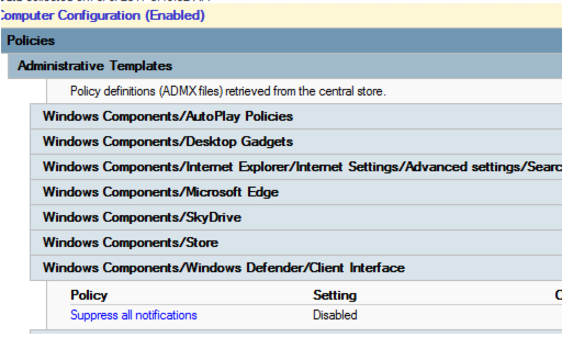 Captura de pantalla que muestra que la directiva Suprimir todas las notificaciones está deshabilitada.