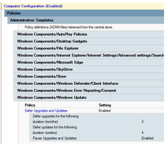 Captura de pantalla que muestra que la directiva Aplazar actualizaciones y Novedades está habilitada y que aparecen 3 elementos en esta directiva.
