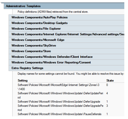 Captura de pantalla que muestra los nombres para mostrar de algunas configuraciones que no se pueden encontrar en Configuración adicional del Registro. 5 la configuración se muestra en este elemento.
