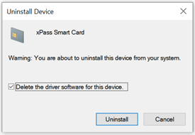 Captura de pantalla de la opción Eliminar el software del controlador para este dispositivo en el cuadro de diálogo Desinstalar dispositivo.