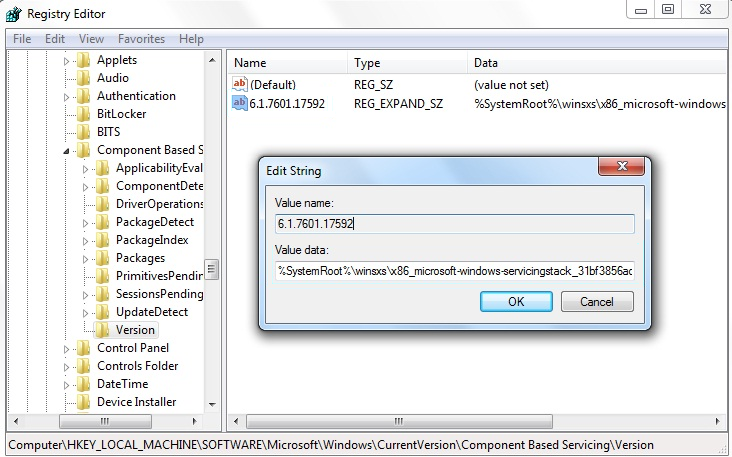 Captura de pantalla de una configuración de valor de cadena de ejemplo de la clave Version.