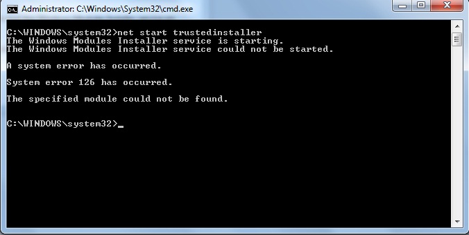 Captura de pantalla del mensaje de error en el símbolo del sistema: Error del sistema 126.