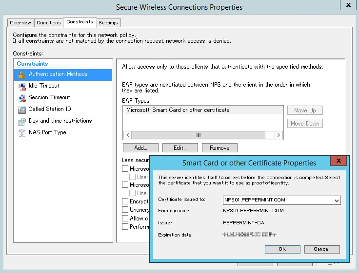 Captura de pantalla de la pestaña Restricciones de las propiedades de conexiones inalámbricas seguras.