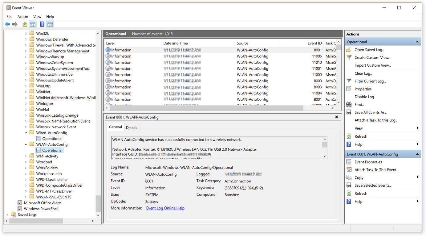 Captura de pantalla del visor de eventos que muestra wired-autoconfig y WLAN autoconfig.