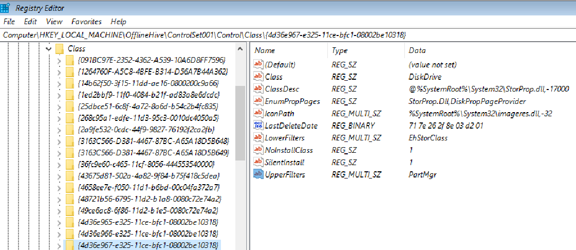 Captura de pantalla de la Editor del Registro que muestra las entradas en ControlSet.