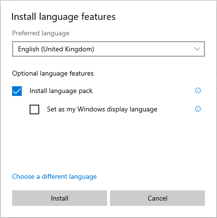 Captura de pantalla del cuadro de diálogo Instalar características de lenguaje.