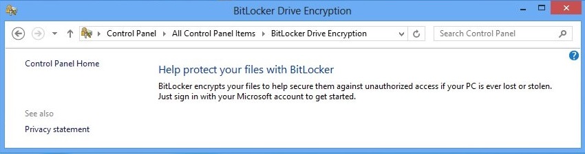 Captura de pantalla de la página Cifrado de unidad BitLocker en Panel de control.
