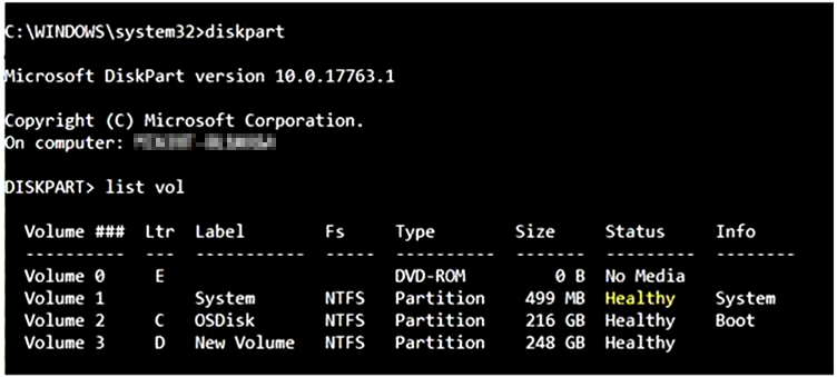 Captura de pantalla de la salida del comando list volume desde Diskpart.