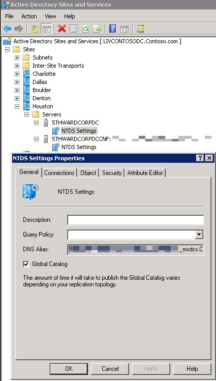 Captura de pantalla de la ventana Sitios y servicios de Active Directory con la configuración de NTDS ventana Propiedades abierta.