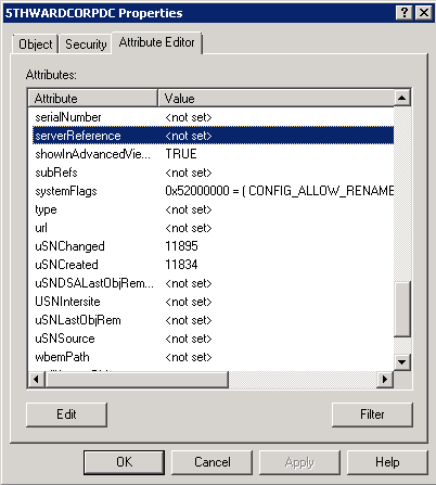 Captura de pantalla de la ventana Propiedades 5THWARDCORPDC con el atributo serverReference seleccionado.