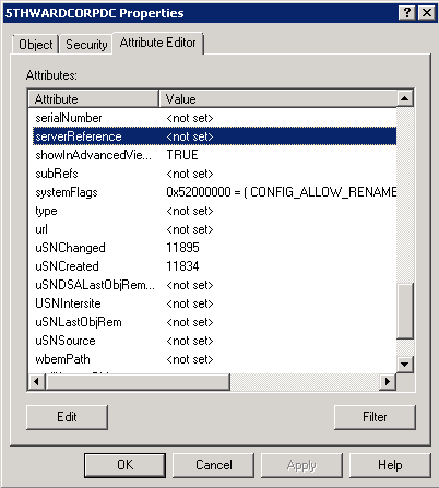 Captura de pantalla de la ventana Propiedades de 5THWARDCORPDC con el atributo serverReference seleccionado.