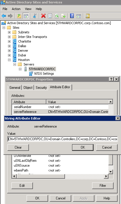 Captura de pantalla de la ventana Sitios y servicios de Active Directory con la ventana Propiedades 5THWARDCORPDC abierta y se abre una ventana de Editor atributo de cadena para editar el valor.