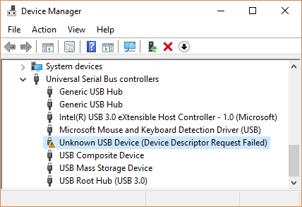 Captura de pantalla de Administrador de dispositivos que muestra un dispositivo USB desconocido.