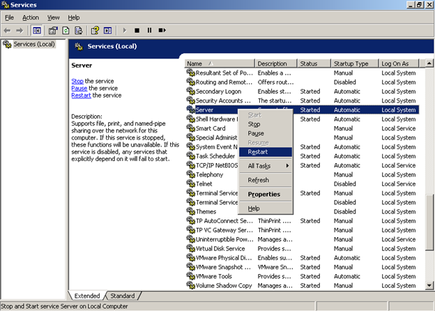 Captura de pantalla de la ventana Servicios con el servidor seleccionado y un menú con Reiniciar seleccionado.