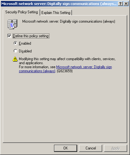 Captura de pantalla de la ventana servidor de red de Microsoft con la opción Definir esta directiva seleccionada y habilitada.