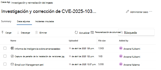 Captura de pantalla de los detalles de la pestaña Datos adjuntos de un caso.