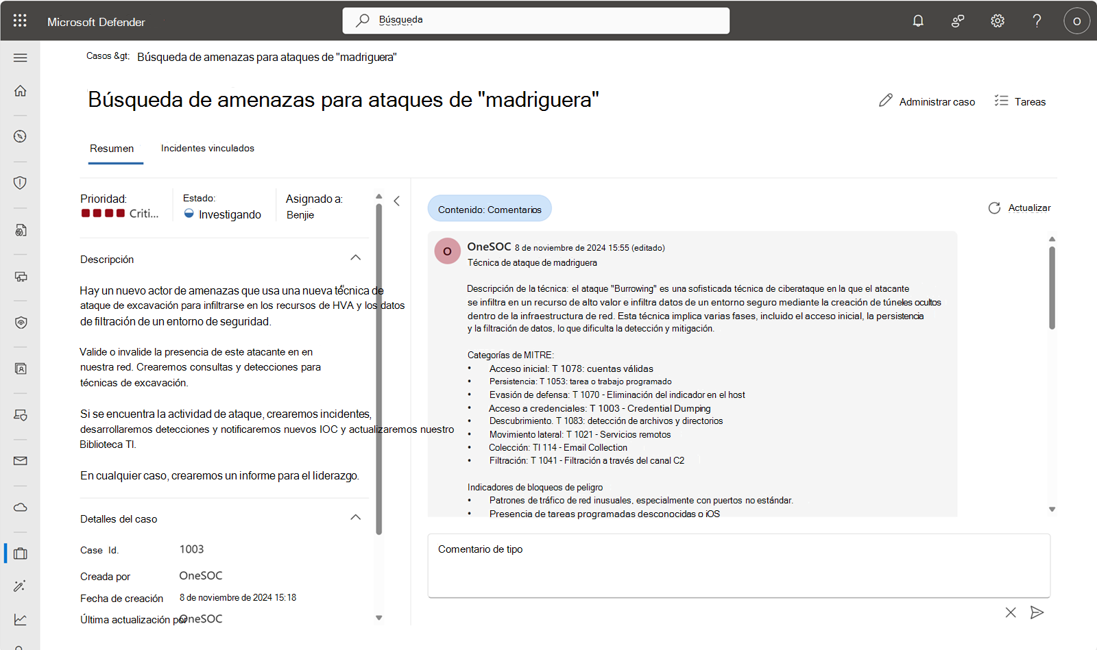 Captura de pantalla de la página de detalles del caso en el portal de Defender.