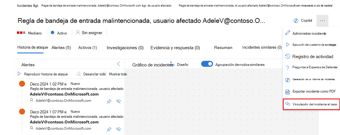 Captura de pantalla que muestra la opción de vincular incidentes desde el menú de puntos suspensivos en la vista de incidentes.