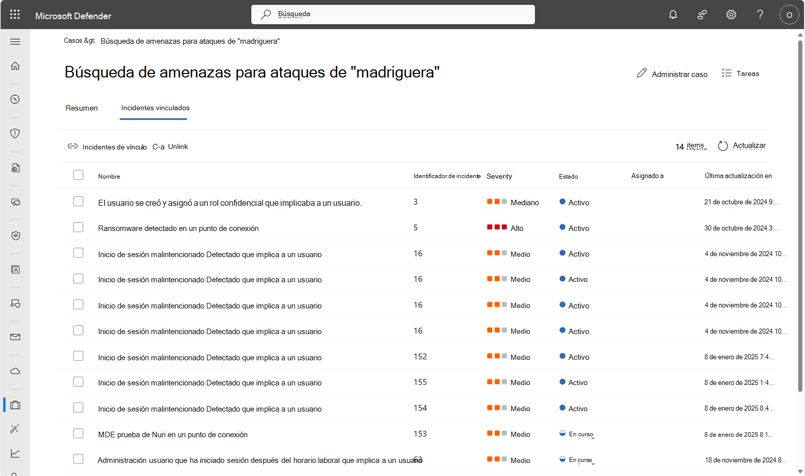 Captura de pantalla con incidentes vinculados para el caso hipotético de ataque de infiltración.