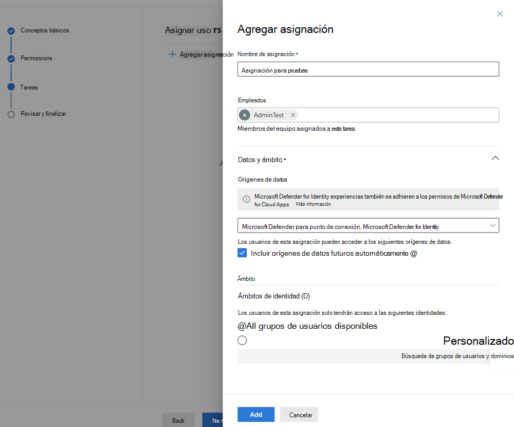 Captura de pantalla de las opciones del panel Agregar asignaciones