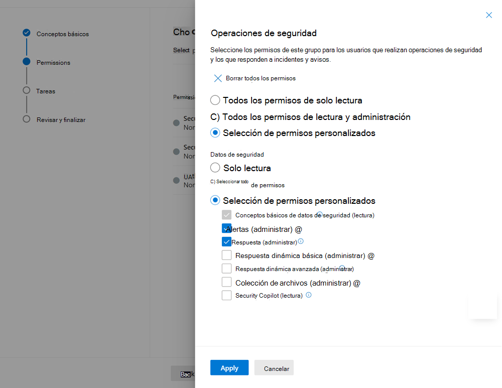 Captura de pantalla del panel asignación de permisos