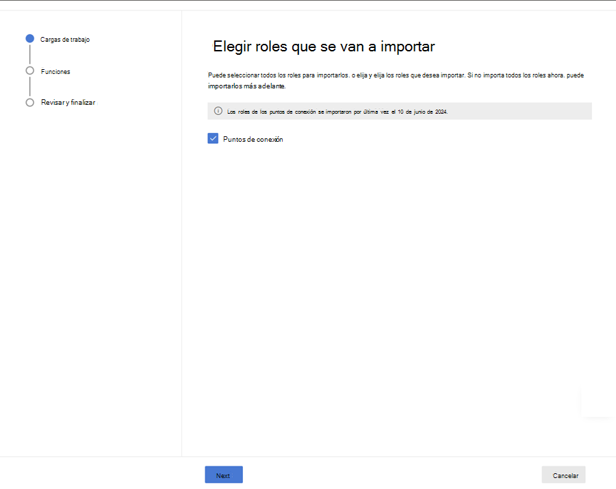 Captura de pantalla de la página Cargas de trabajo en el escenario importar rol