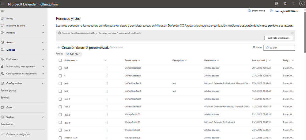 Captura de pantalla de la página principal permisos y roles