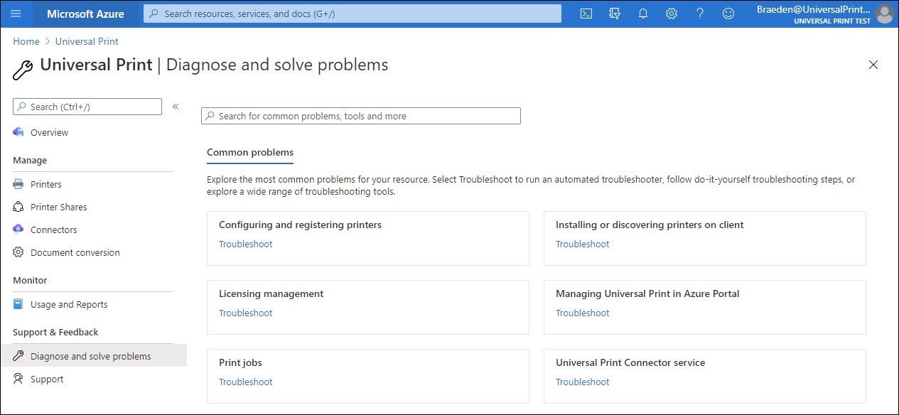 Captura de pantalla del portal de Administración que muestra una nueva página Diagnosticar y resolver problemas.