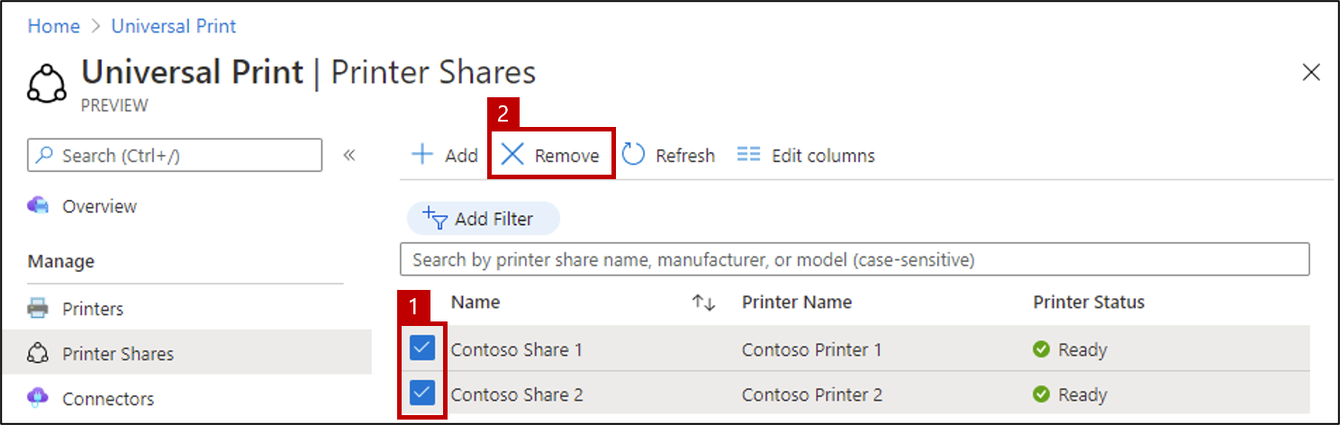 A screenshot showing how to delete multiple printer shares using the Universal Print portal.