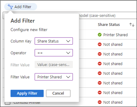 A screenshot of a filter being configured in the Universal Print portal.