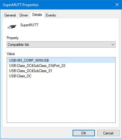 Identificadores compatibles de Administrador de dispositivos para el dispositivo WinUSB de SuperMUTT