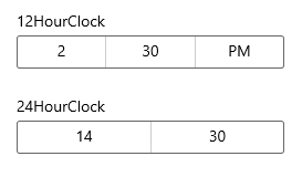 Selector de hora que muestra un reloj de 12 horas y un selector que muestra un reloj de 24 horas.
